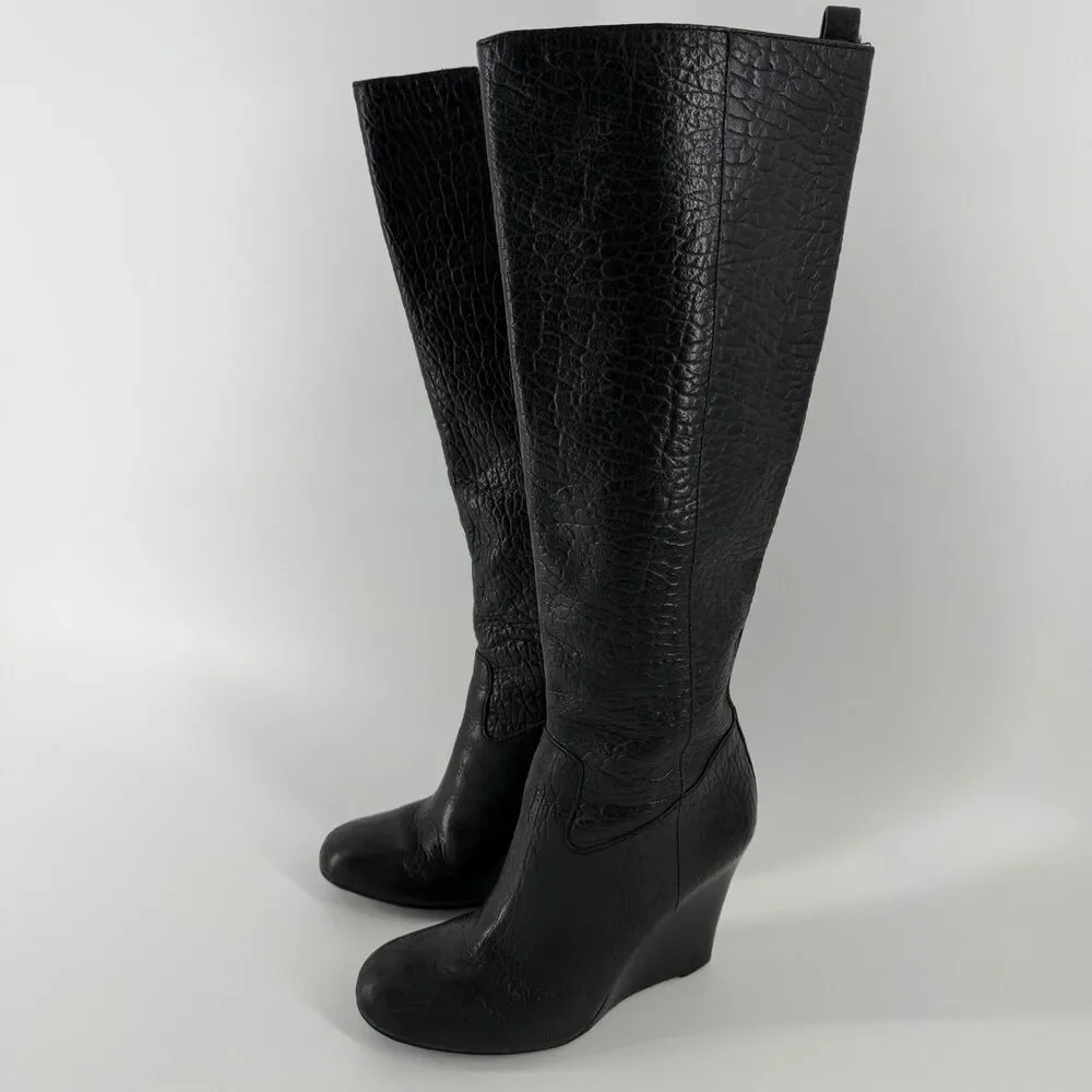 Tory Burch Dabney Knee High Wedge Boots Women’s 7.5 Black Pebbled Leather Zip Up